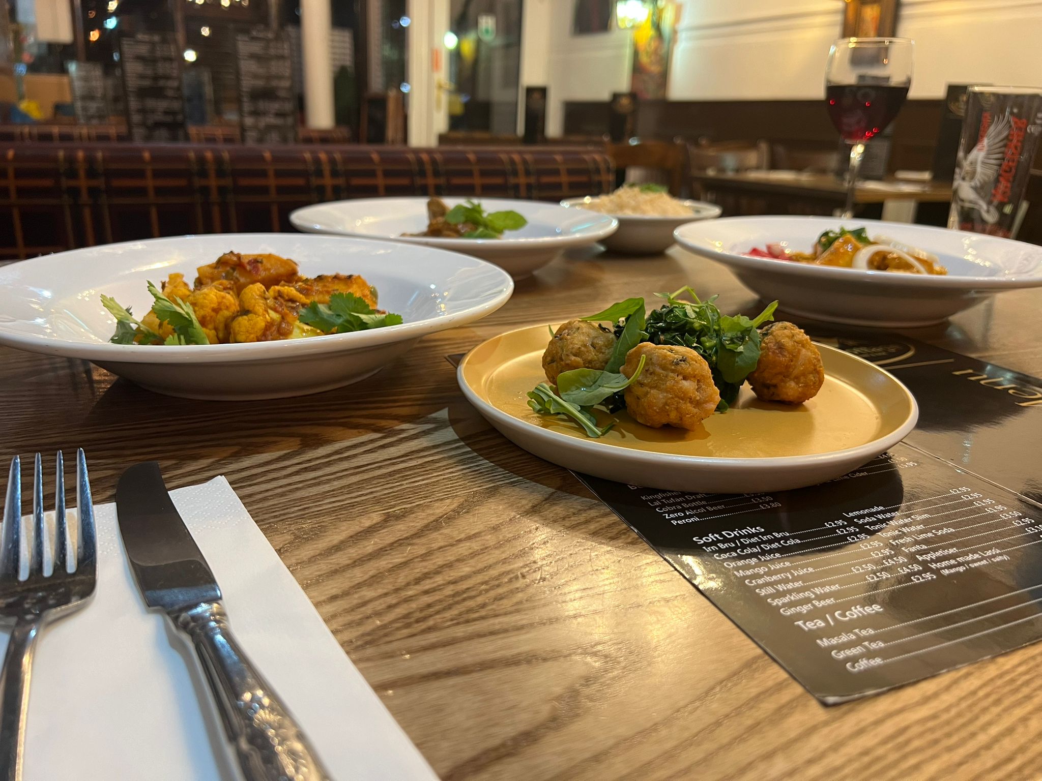 Dinner served at a table in the restaurant